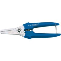 Blue-handled Draper Universal Snips, 180mm, with stainless steel blades and spring-loaded mechanism.