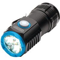 Black Draper USB rechargeable LED pocket torch with blue bezel, ribbed grip, and side power button.