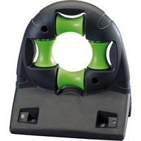 Black and green Draper wall mounted garden hose guide with circular rollers and sturdy base.