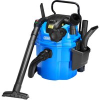 Blue Draper WDV18 wall-mountable vacuum with black hose, multiple attachments, and carrying handle.