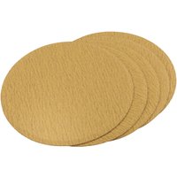 Pack of five round, beige Draper sanding discs, 150mm, 80 grit, made from white aluminium oxide.
