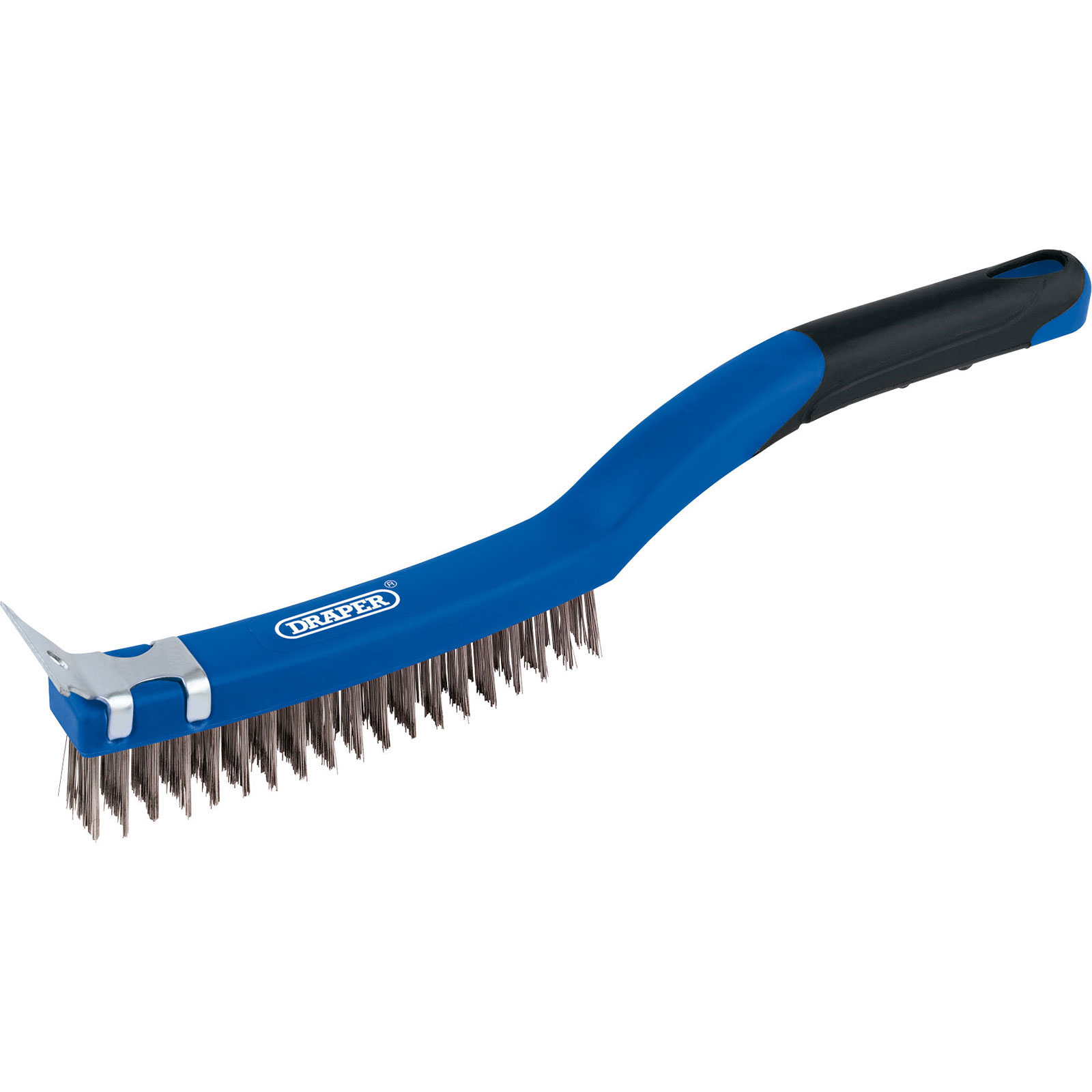 Draper 17180 wire scratch brush features a blue plastic handle, three rows of metal bristles, and a metal scraper attachment for effective cleaning and scraping.