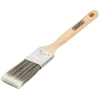 Draper wooden handle synthetic angled paint brush with metal ferrule and white bristles.