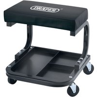 Black Draper work stool with cushioned seat, metal frame, storage tray, and four caster wheels.