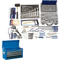 Blue Draper Workshop Tool Chest Kit with wrenches, pliers, hammer, saw, and assorted hand tools.