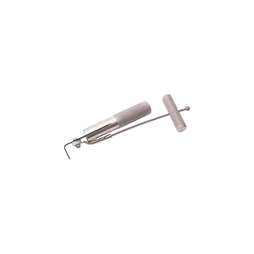 Draper 35098 Bonded Windscreen Removal Tool featuring a silver metal handle with a textured grip, a curved blade, and a roller for effective windscreen removal.