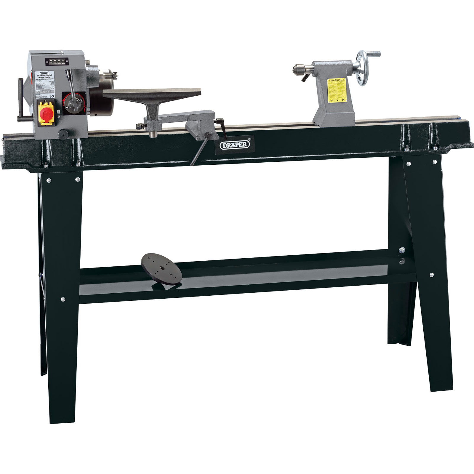 Draper 60990 variable speed wood lathe features a sturdy black metal frame, a digital display, and a grey motor with controls, designed for precision woodturning.