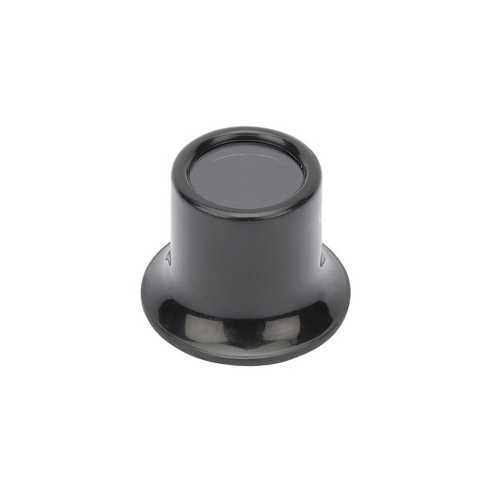 Black plastic jeweller's eyeglass with a round lens and a wide base, designed for close-up viewing of small details.