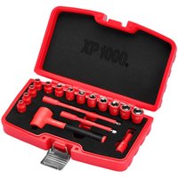 Red Draper XP1000 17 Piece 1/4" Drive VDE Insulated Socket Set in a red case with black foam lining.