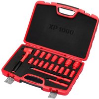 Red Draper XP1000 19 Piece VDE Insulated Socket Set in a red case with molded slots for each tool.