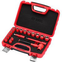 Red Draper XP1000 19-piece VDE insulated socket set in a hard case with metal latches and black foam interior.