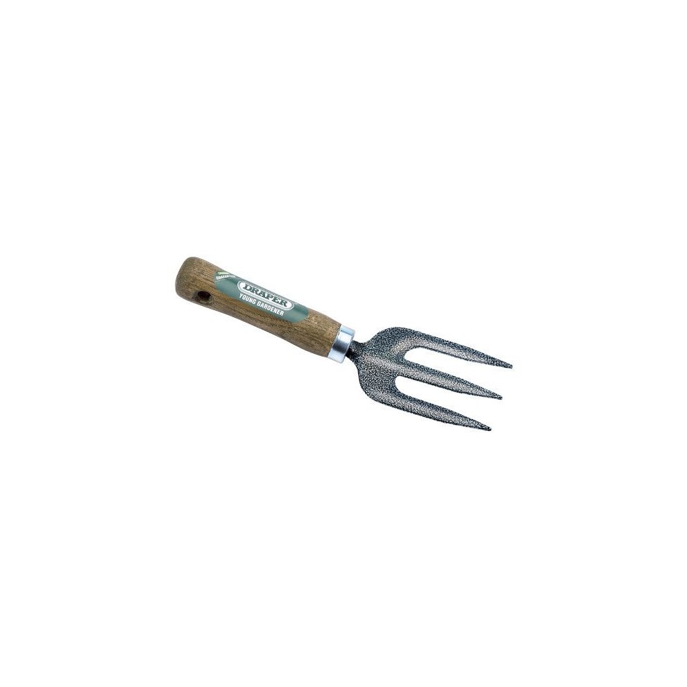 Draper Young Gardener Weeding Fork with a wooden handle and metal prongs, featuring a textured, dark finish for effective weeding.