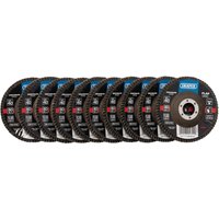 Draper zirconium oxide flap discs, 115x22.23mm, 40 grit, black with blue label, pack of 10 arranged in a row.