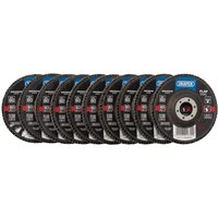 Draper Zirconium Oxide Flap Discs, 115x22.23mm, 60 Grit, black with blue and white label, pack of 10 discs.