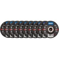 Pack of 10 Draper Zirconium Oxide Flap Discs, 115x22.23mm, 80 Grit, black with blue and red label detailing.
