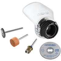 Clear Dremel Comfort Attachment with black grip, includes sanding drum, cutting disc, and polishing wheel.