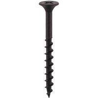 Black Timco drywall coarse thread screw with flat head and sharp point.