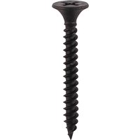 Black fine thread drywall screw with Phillips head and sharp point.
