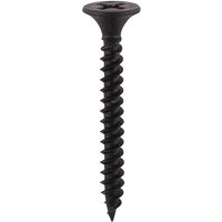 Black phosphate fine thread drywall screw with flat head and sharp point.