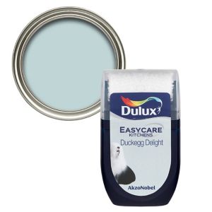 Dulux Easycare Kitchen Duckegg Delight flat matt emulsion paint in a 30ml tester pot, featuring a soft duck egg blue color with a silver lid and branded label.
