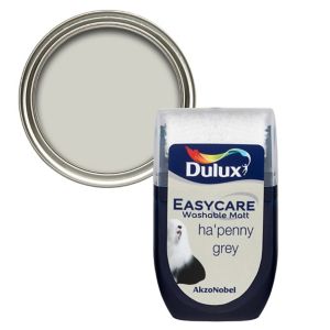 Dulux Easycare Ha'penny Grey flat matt emulsion paint tester pot, 30ml, featuring a grey color with a glossy silver lid and a label showcasing the brand and color name.