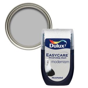 Dulux Easycare Modernism Flat Matt Emulsion Paint tester pot, 30ml, featuring a sleek design with a grey paint color and a silver lid, labeled for easy identification.
