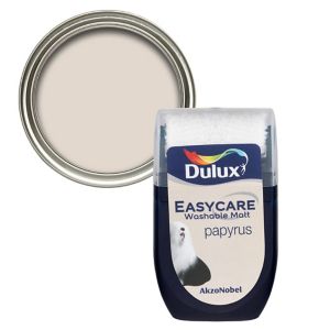Dulux Easycare Papyrus Flat Matt Emulsion Paint tester pot, featuring a light beige color with a smooth finish, accompanied by a round metal lid.