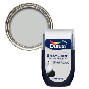 Dulux Easycare Silverwood Flat Matt Emulsion Paint tester pot, featuring a sleek design with a silver lid and a label displaying the color name "Silverwood."