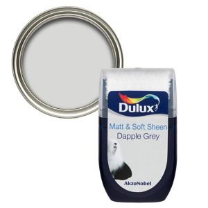 Dulux Dapple Grey Vinyl Matt Emulsion Paint tester pot, featuring a clear lid and label, with a smooth grey paint surface visible inside the container.