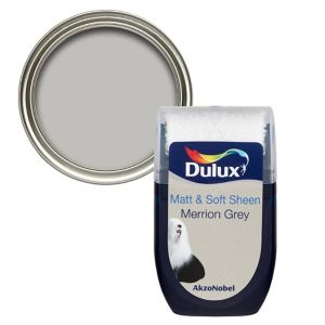 Dulux Merrion Grey vinyl matt emulsion paint in a 30ml tester pot, featuring a clear lid and a label with the brand name and color details.