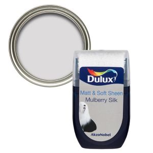 Dulux Mulberry Silk Vinyl Matt Emulsion Paint in a 30ml tester pot, featuring a sleek design with a clear lid and a rich mulberry color label.