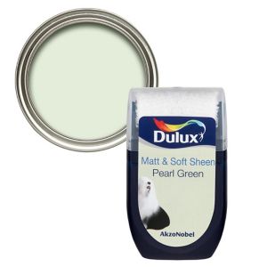 Dulux Pearl Green Vinyl Matt Emulsion Paint in a 30ml tester pot, featuring a soft, muted green color with a glossy lid and a label showcasing the brand and product details.