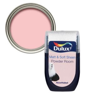 Dulux Powder Room Vinyl Matt Emulsion Paint in a 30ml tester pot, featuring a soft pink color with a matte finish, housed in a clear container with a silver lid.