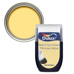 Dulux Primrose Yellow Vinyl Matt Emulsion Paint in a 30ml tester pot, featuring a soft yellow color with a smooth finish and a clear lid revealing the paint inside.