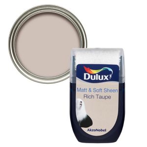 Dulux Rich Taupe Vinyl Matt Emulsion Paint tester pot, 30ml, featuring a smooth taupe color with a glossy lid and clear label displaying brand and product details.