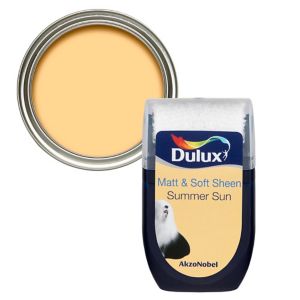 Dulux Summer Sun Vinyl Matt Emulsion Paint in a 30ml tester pot, featuring a soft yellow color with a matte finish and a clear lid showcasing the paint inside.
