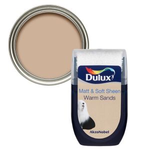 Dulux Warm Sands Vinyl Matt Emulsion Paint in a 30ml tester pot, featuring a beige color with a soft sheen finish and a clear lid, labeled with the brand logo and product details.