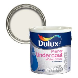 Dulux Professional White Undercoat in a 2.5L round tin, featuring a blue and white label with a rainbow logo, designed for interior wood, with a matching lid.