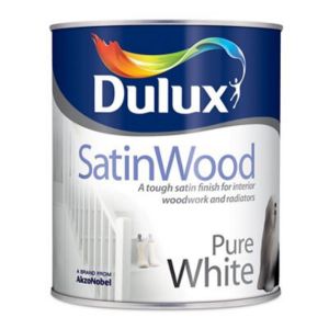 Dulux Easycare Pure White Satinwood paint can, 0.75L, featuring a glossy white finish, with branding and product details prominently displayed on the label.
