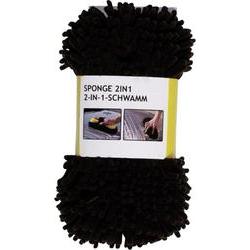 Black 2-in-1 sponge with a textured surface, packaged with a label showing its dimensions (250 x 130 x 55 mm) and usage instructions for cleaning.
