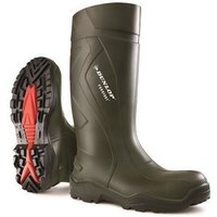 Green Dunlop Purofort Plus safety boots, UK 11, with rugged tread and reinforced toe.