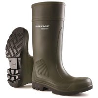 Green Dunlop Purofort safety wellies with brown sole, reinforced toe, and textured grip, UK size 7.