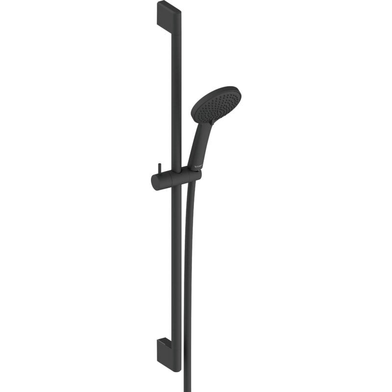 Universal black matte shower set featuring a 70 cm adjustable bar, a three-jet handheld showerhead, and an anti-twist flexible hose, designed by DURAVIT.