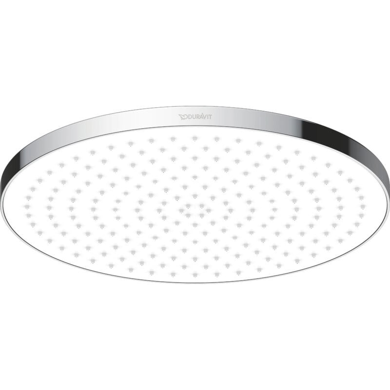 Round shower head in chrome and white, featuring a sleek design with multiple small jets, measuring 230 mm in diameter, ideal for modern bathrooms.