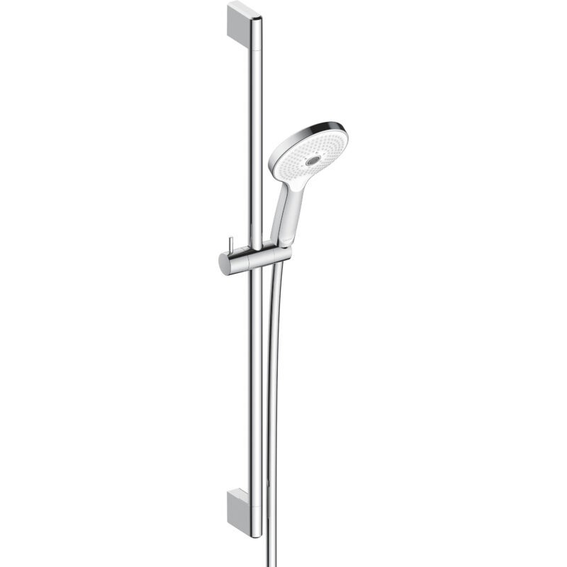 Duravit universal shower system with a 700 mm chrome shower bar, featuring a height-adjustable handheld showerhead with three jet types: rain, pulse, and mono.