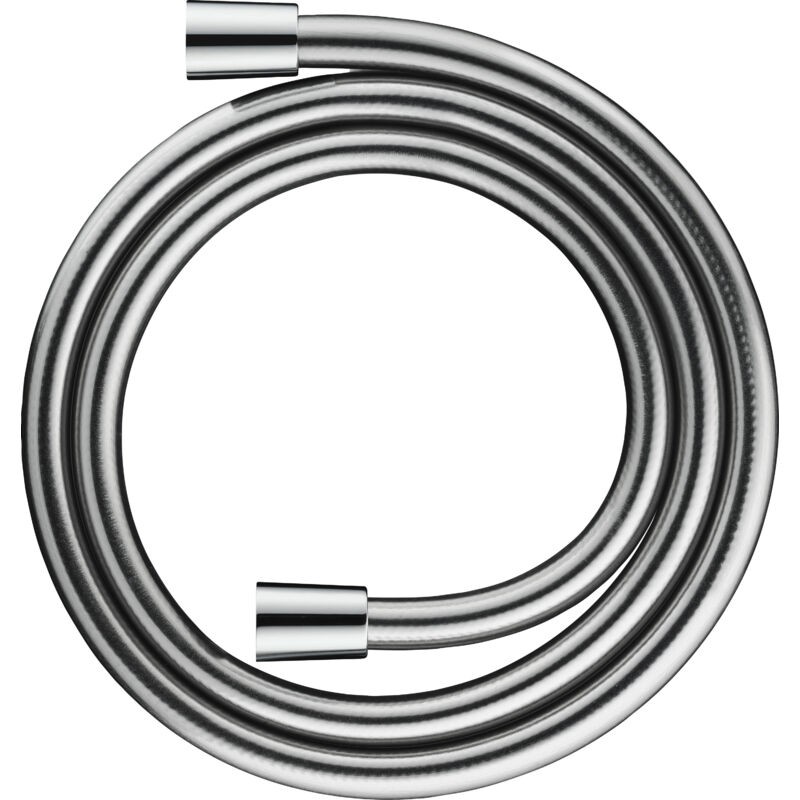 Flexible chrome shower hose, 1.25 meters long, featuring anti-twist protection with a sleek, shiny finish and durable material.