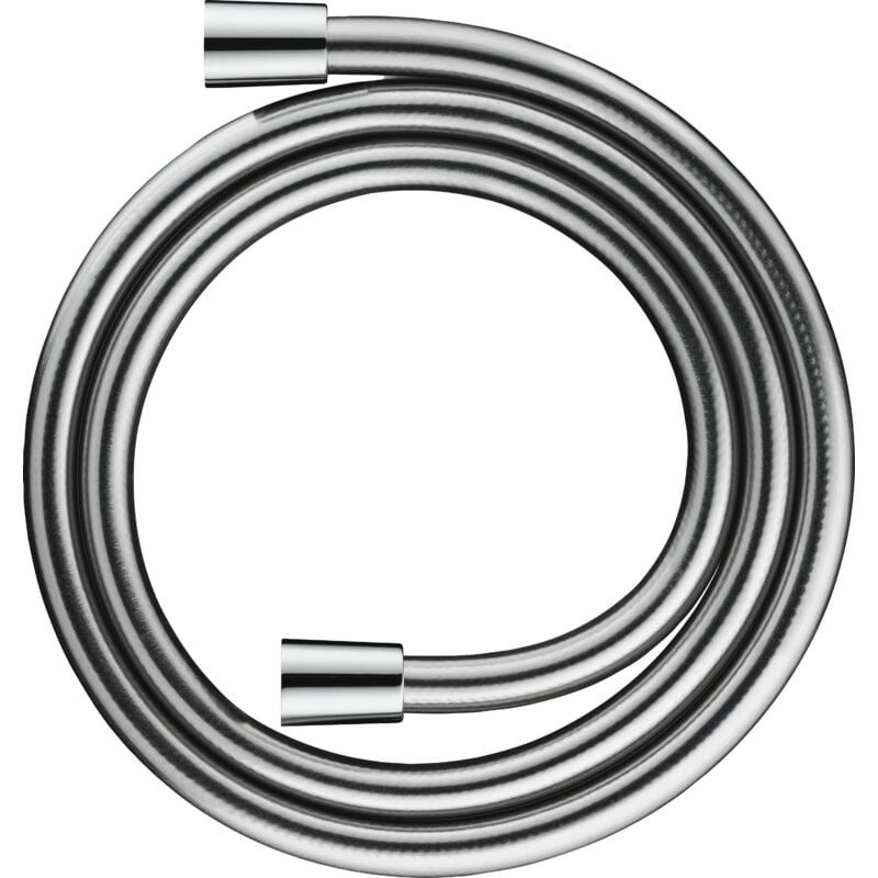 Flexible chrome shower hose, 1.60 meters long, featuring an anti-torsion design for resistance to twisting, showcasing a sleek, shiny surface.