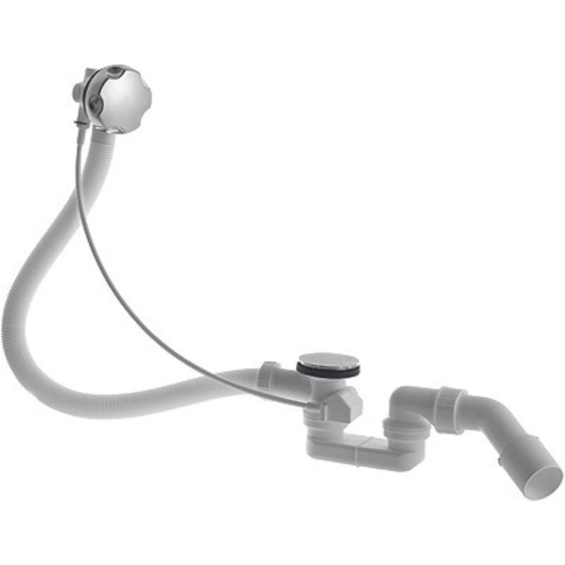 Duravit Ab-und Berlaufgarnitur features a chrome-plated overflow knob, flexible white plastic pipes, and a drainage system designed for sinks or bathtubs.