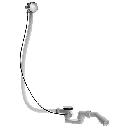 Duravit D-Code central drain assembly in chrome, featuring a sleek design with a pull knob, flexible hose, and white plastic components for efficient drainage.