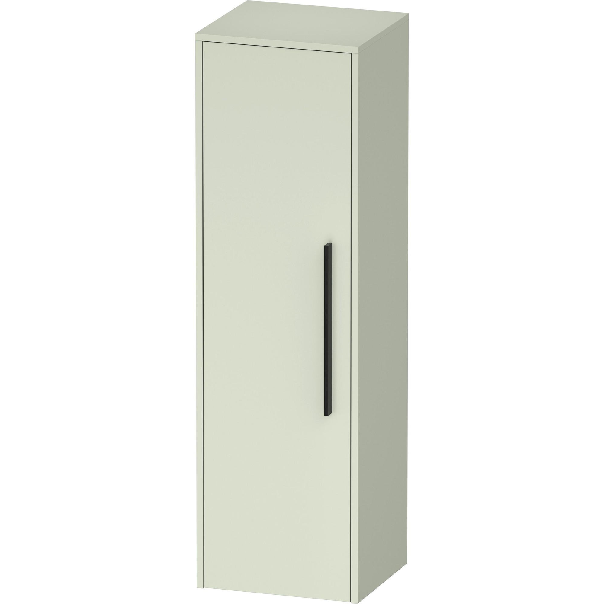 Tall bathroom cabinet in light green finish, featuring a single left-hinged door with a sleek black handle, dimensions 400x360x1320 mm.